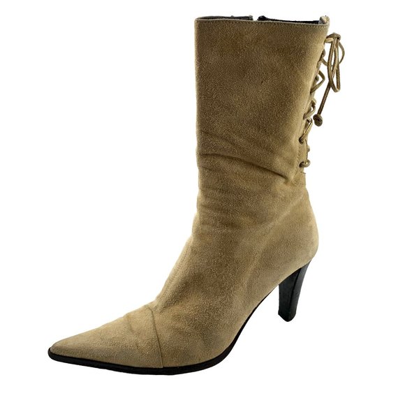 DAVID AARON Cream Suede Rear Corset Zip Cap Toe Mid Calf Boots - Picture 7 of 11